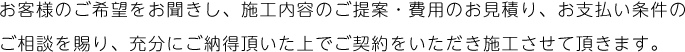 お客様のご希望をお聞きし、施工内容のご提案・費用のお見積り、お支払い条件のご相談を賜り、充分にご納得頂いた上でご契約をいただき施工させて頂きます。